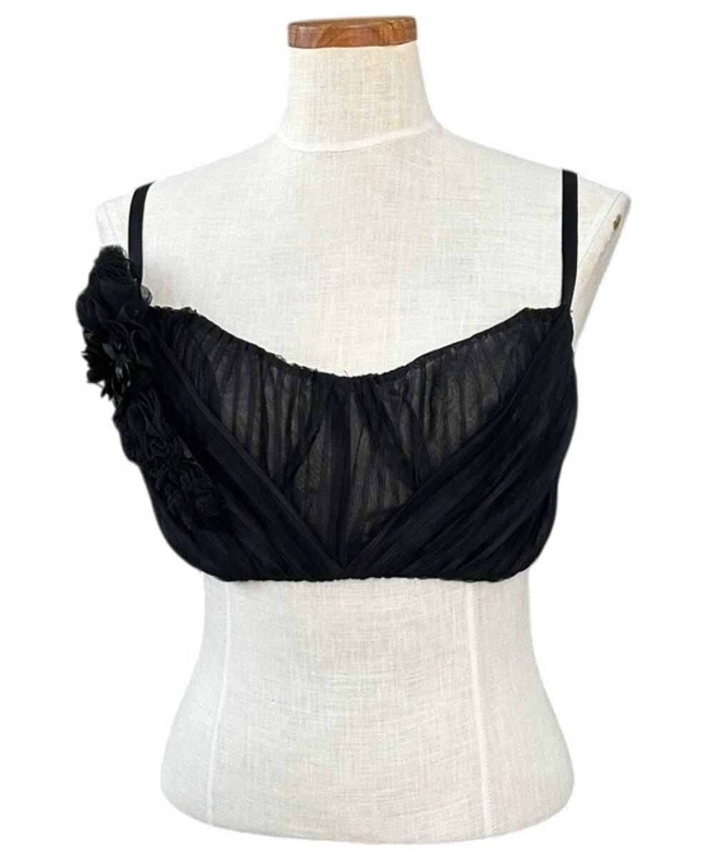 NWT Carol Malony HAUTE Black Ruched Chiffon Bralette 34D Floral USA Designer